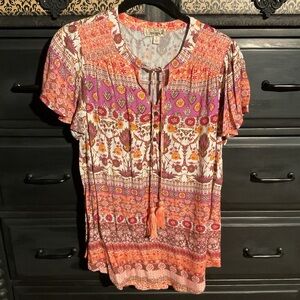ONE WORLD Pink and Orange Smocked Blouse with Tie Front